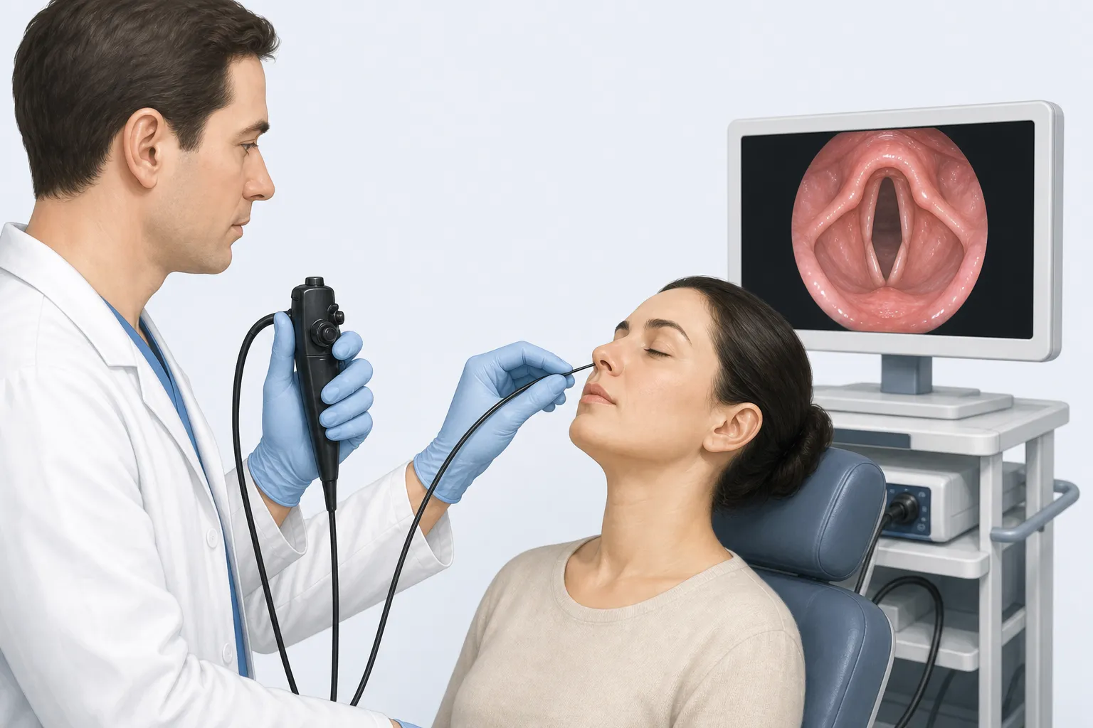 Insertion of the flexible endoscope through the nose