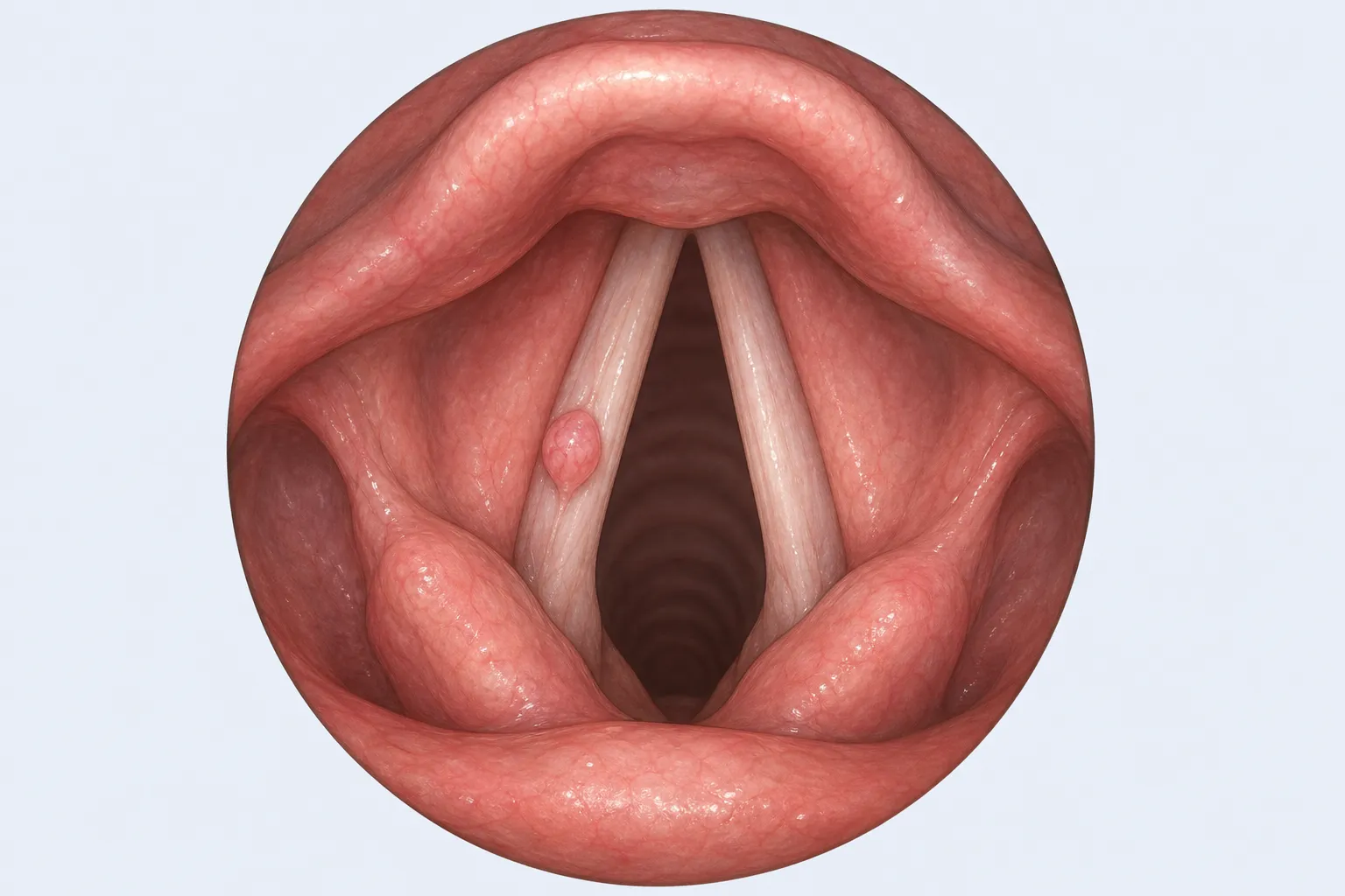 Endoscopic view — a polyp on the vocal cord